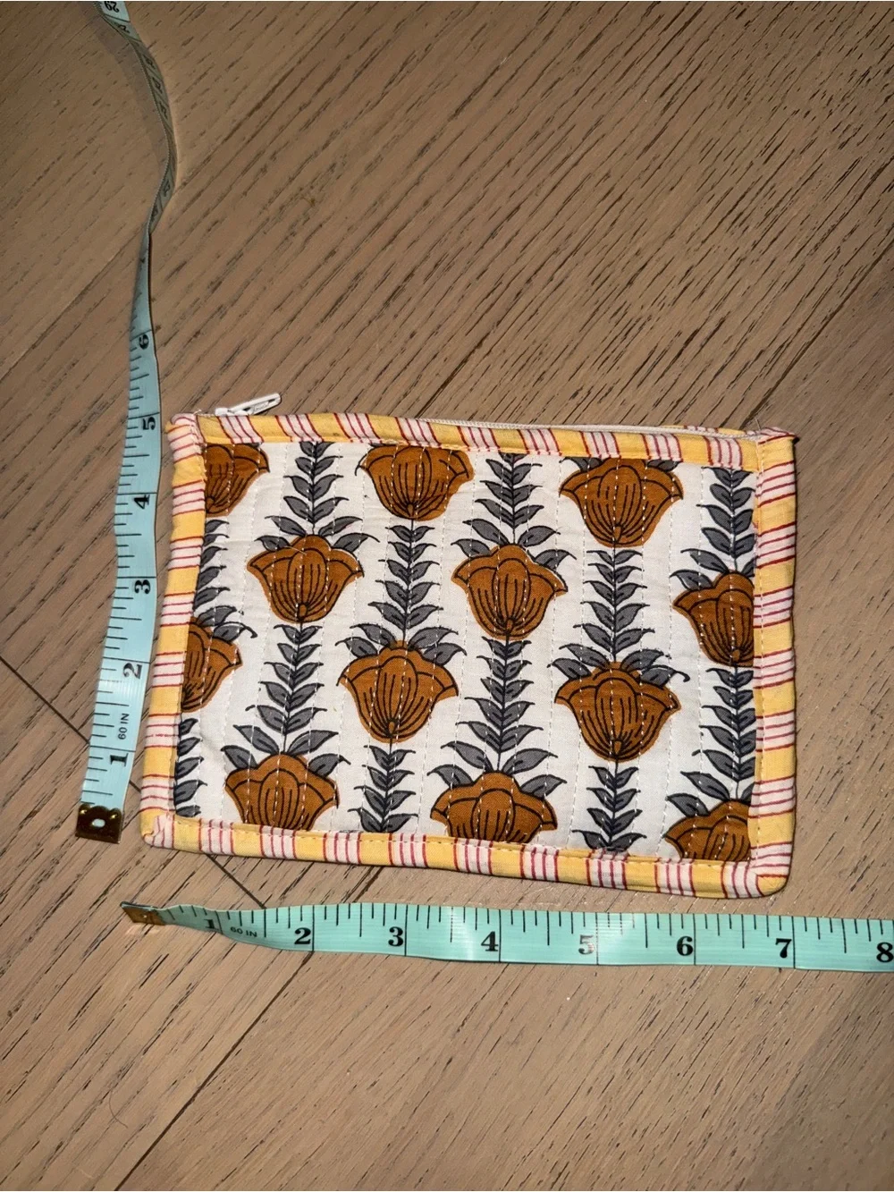 New & Handmade - Quilted Floral Card Wallet in Mustard Yellow and White Pouch